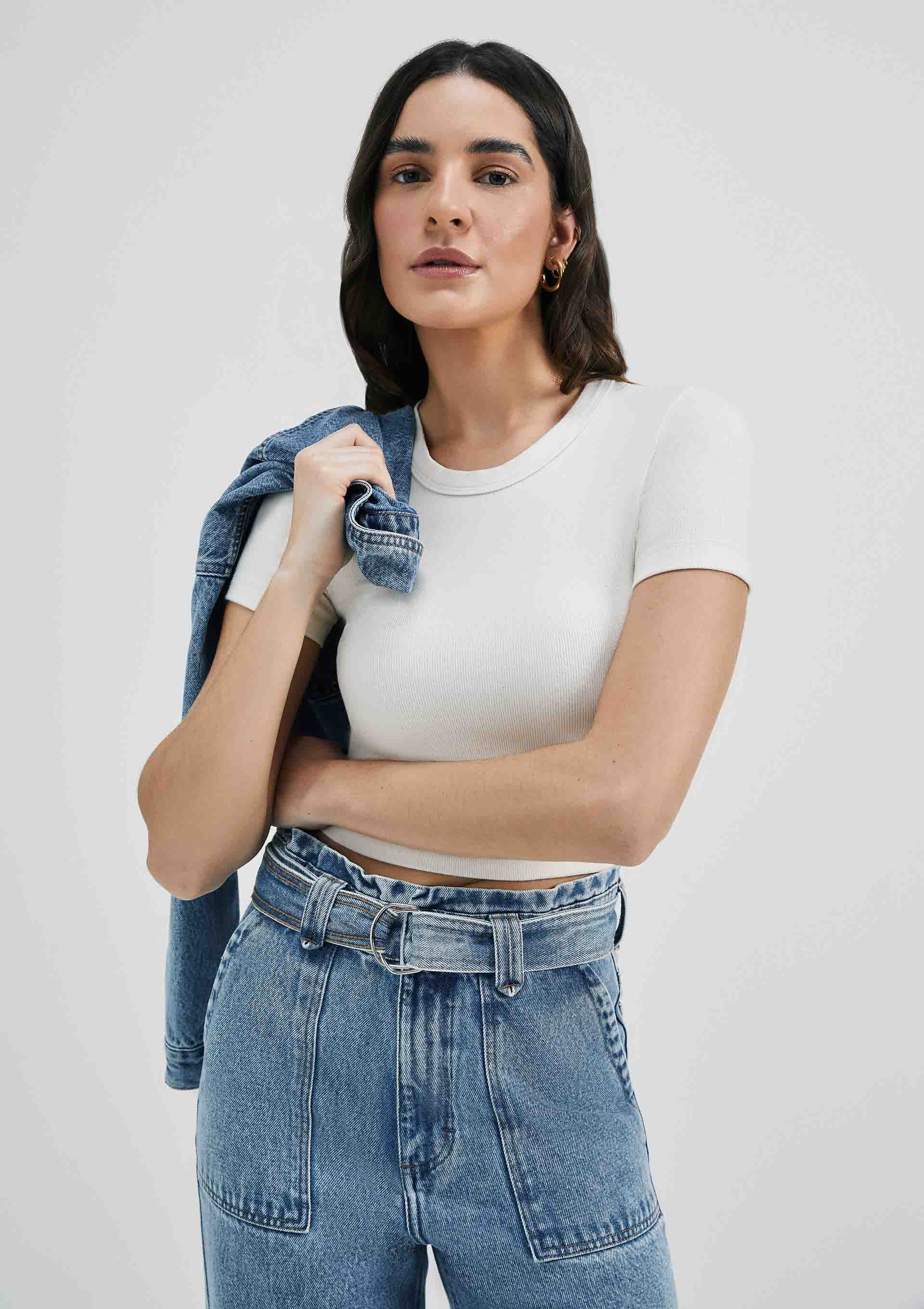 Blusa Básica Feminina Cropped Em Ribana Canelada