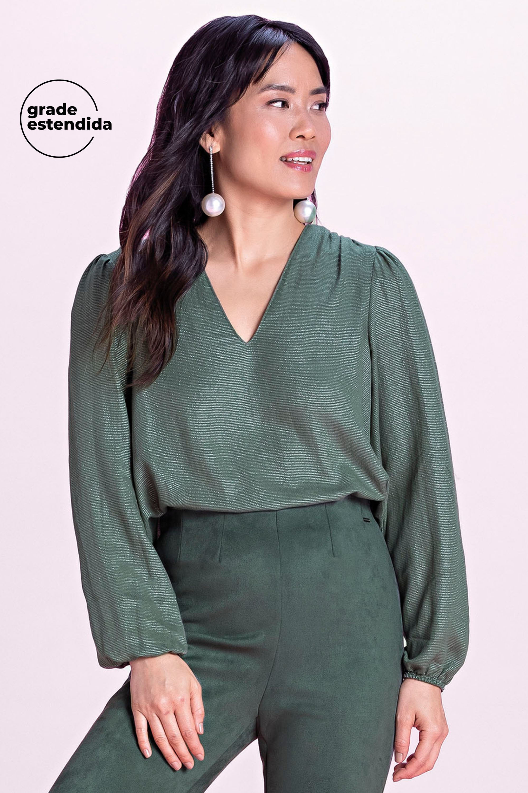 Blusa Feminina Manga Bufante Lurex Marialícia Verde Escuro
