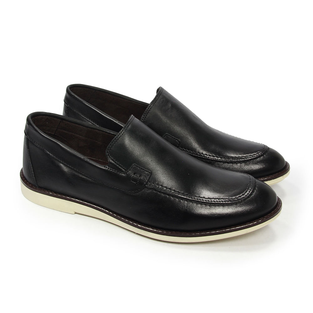 Sapato Casual Masculino de Calçar Bru008 em Couro Preto Burned