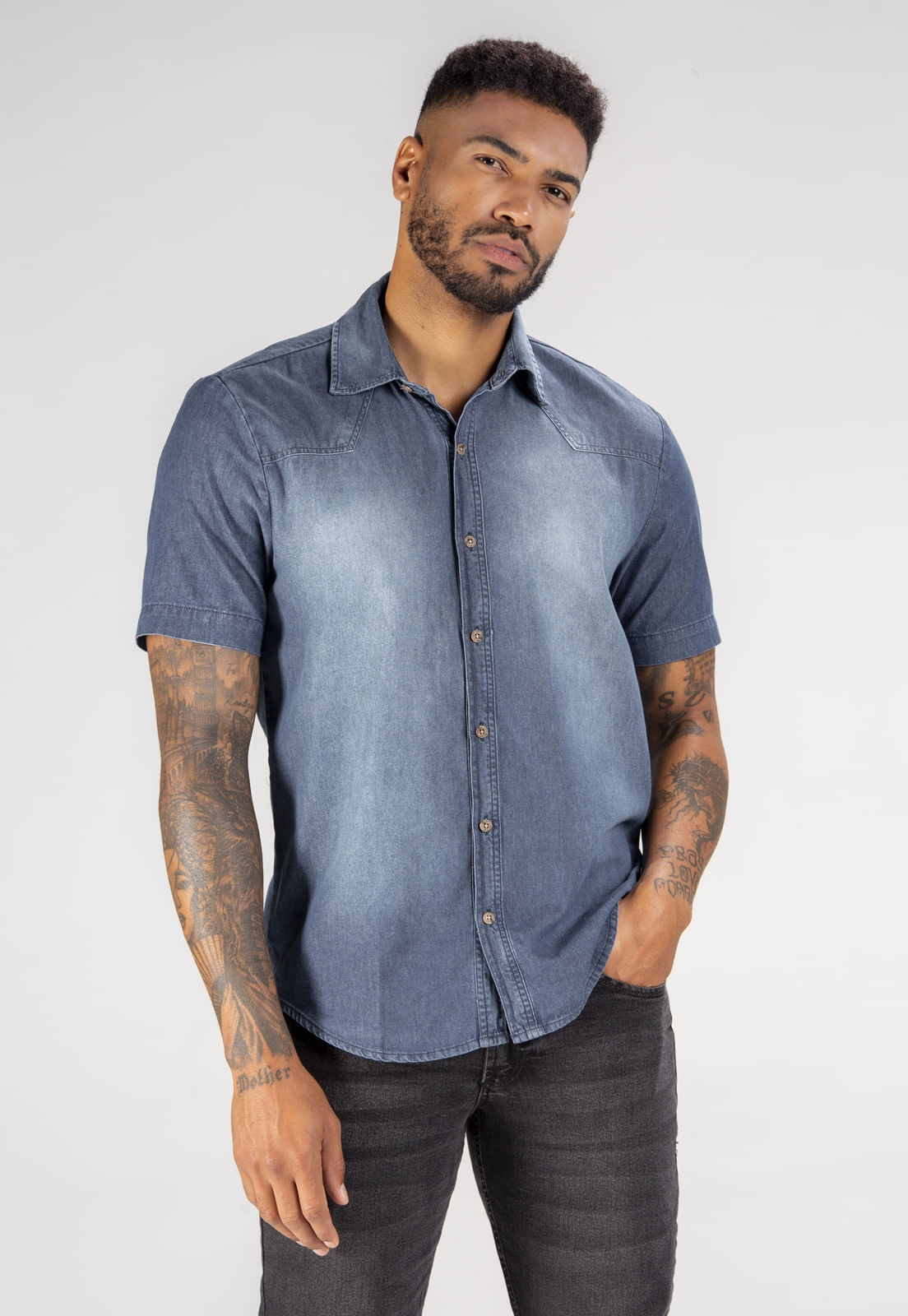 CAMISA JEANS TRAYMON SLIM MANGA CURTA
