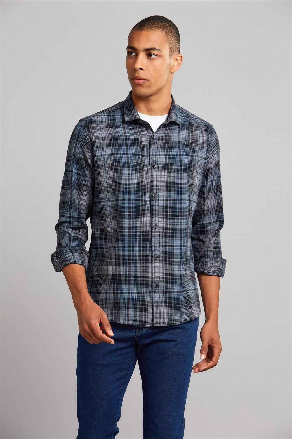 Camisa Manga Longa Comfort Flanela Xadrez - Azul Marinho
