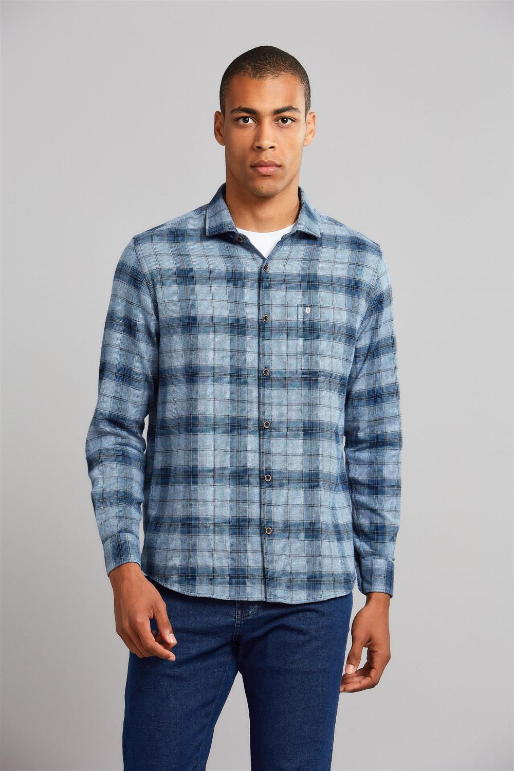 Camisa Manga Longa com Bolso Comfort Flanela Xadrez - Azul Medio