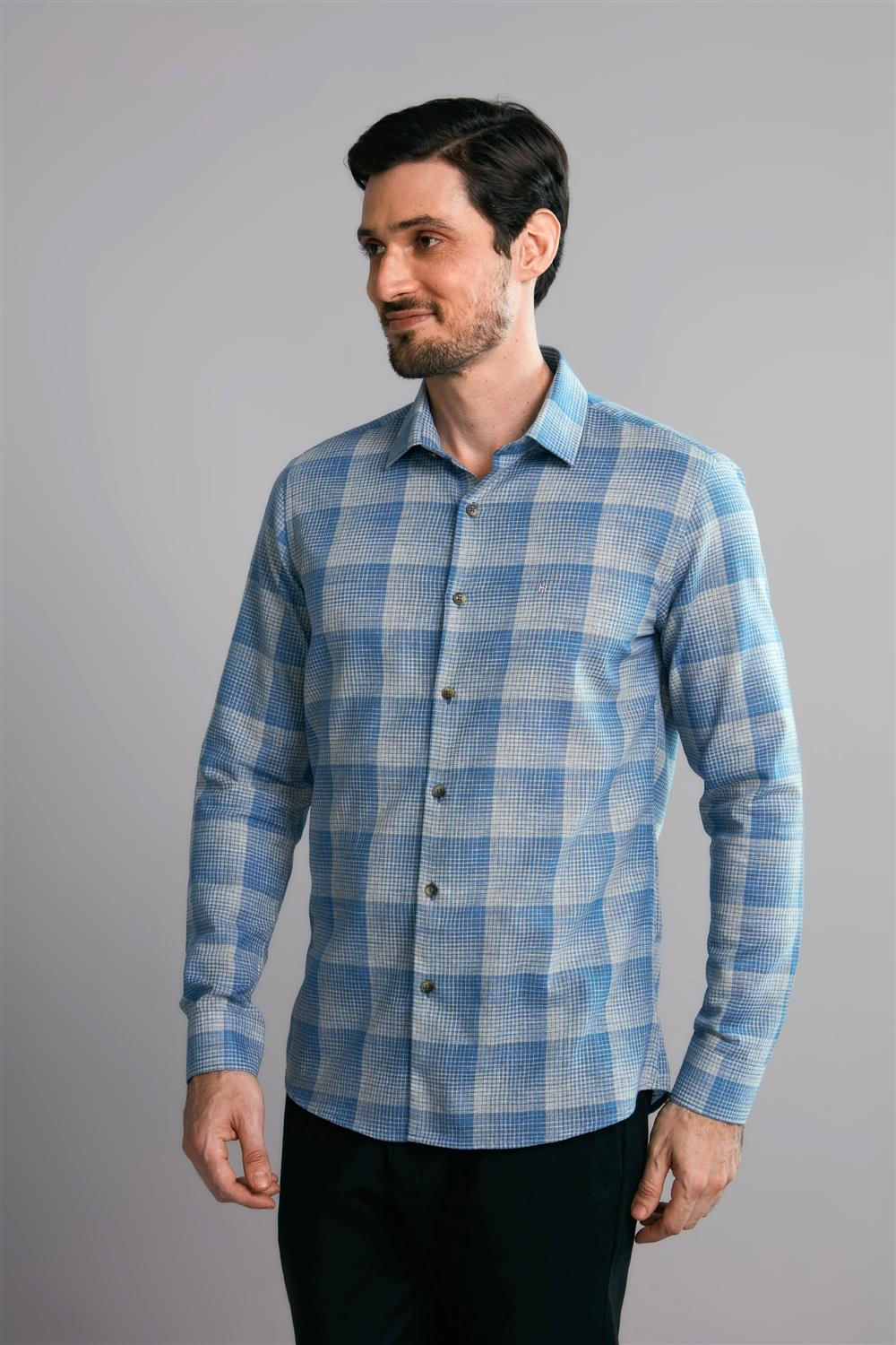 Camisa Manga Longa Fio Tinto Slim Fit - Azul Medio