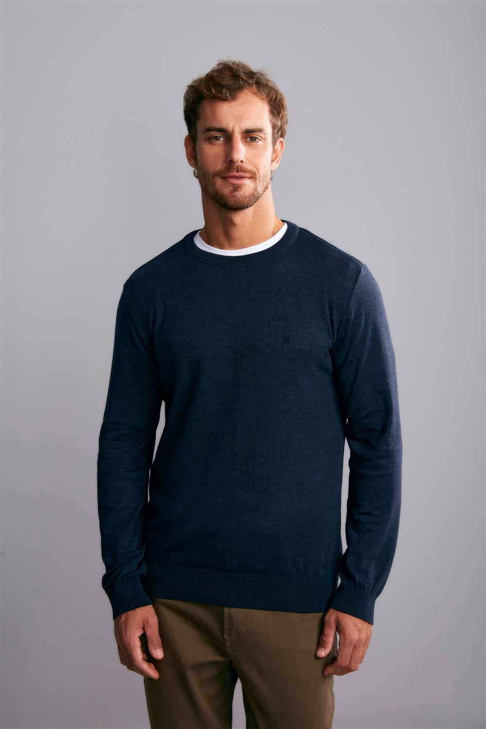 Tricot Gola Careca Básico Liso - Mescla Azul