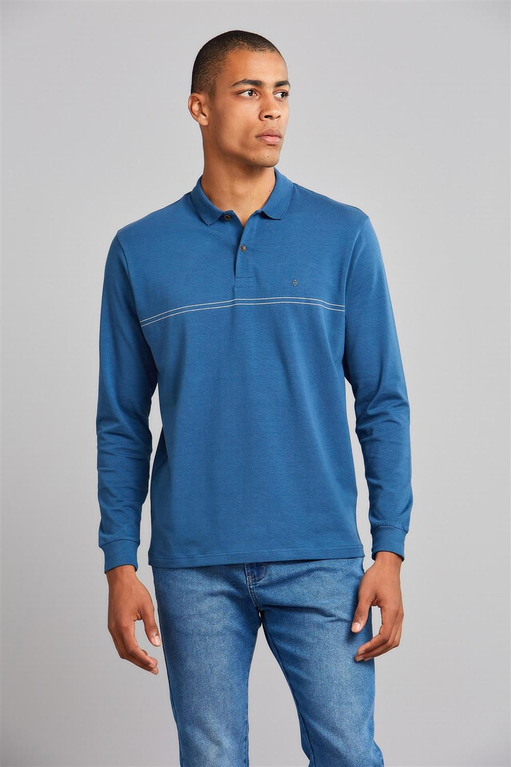 Polo Manga Longa Comfort Malha - Azul Medio / Creme