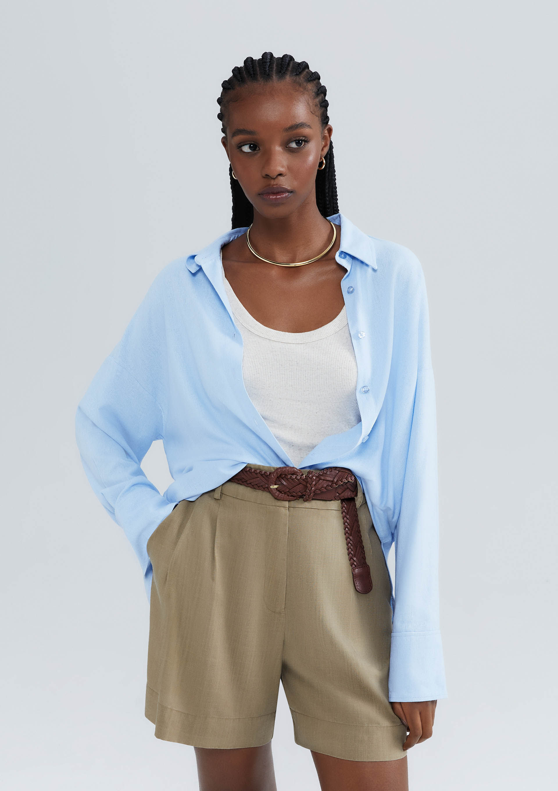 Camisa Feminina Alongada Manga Longa Com Linho