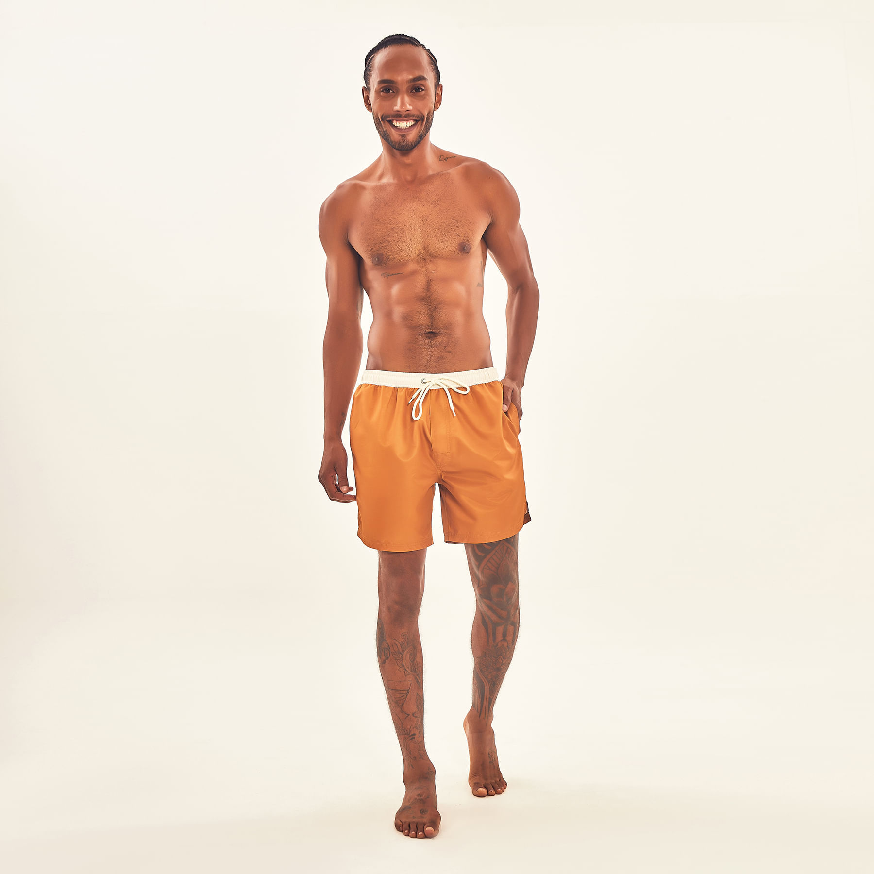 Shorts Acqua Boxer Masculino UV Com Proteção Solar Ocre/Off White