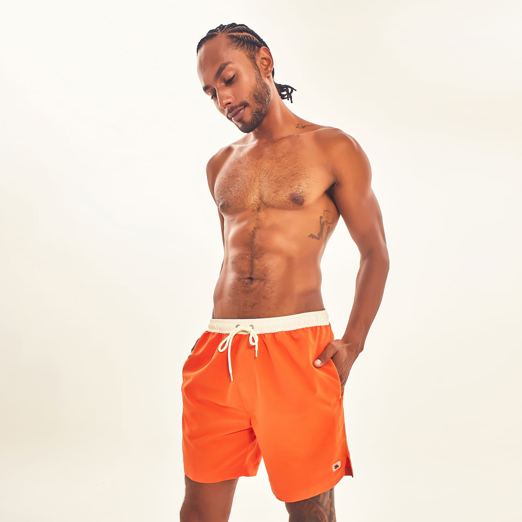 Shorts Acqua Boxer Masculino UV Com Proteção Solar Laranja/Off White