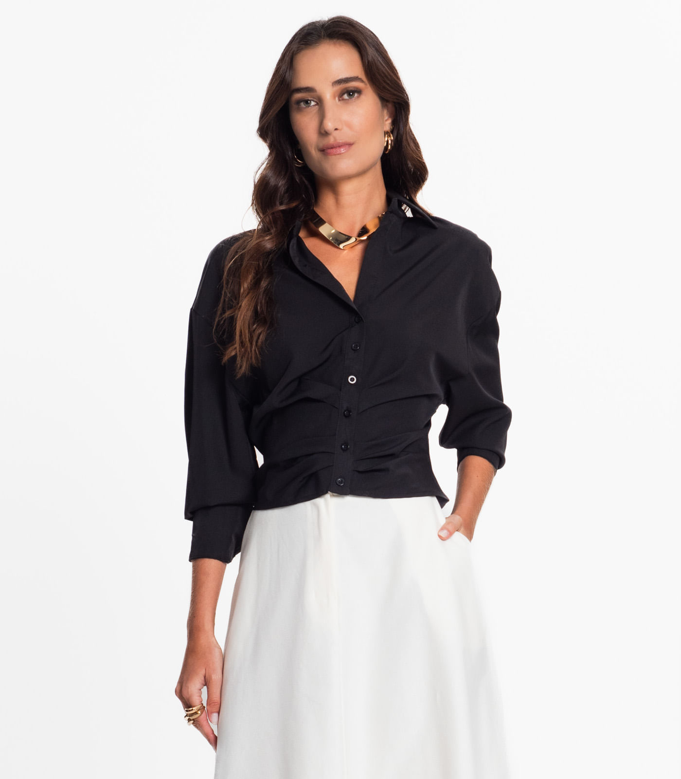 Camisete Feminino Com Drapeado E Botões Loverly Preto