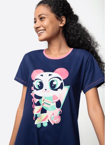 Camisola Manga Curta Algodão Feminina Panda Miami PP