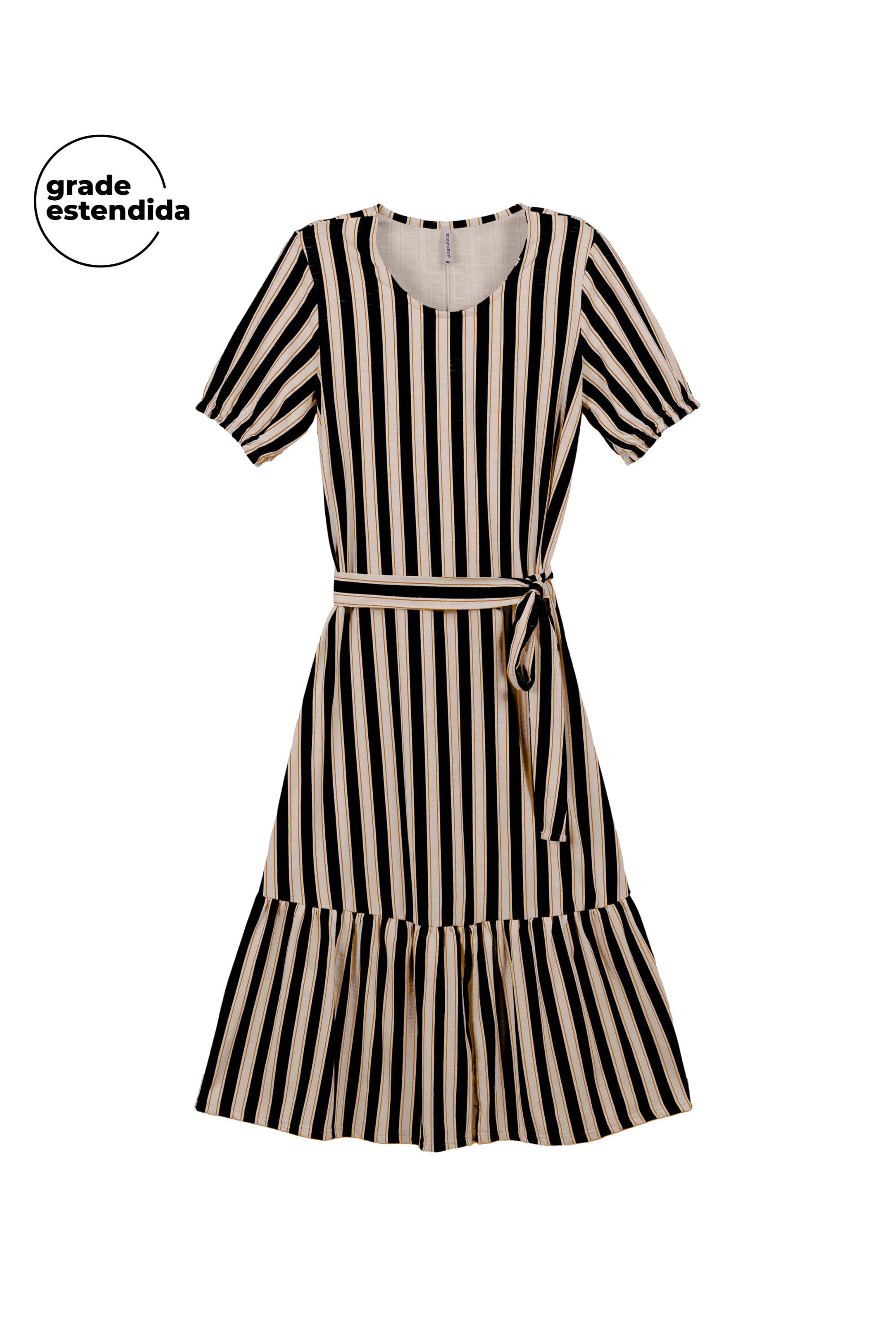 Vestido Feminino Midi Listrado Flamê Marialícia Preto