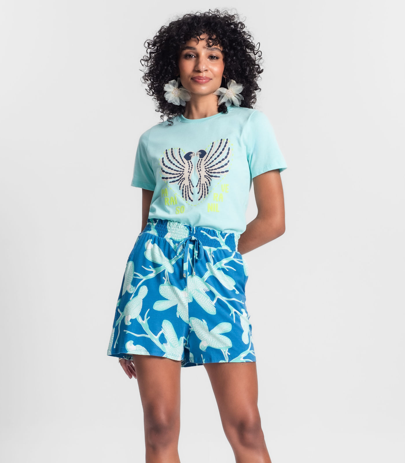 Shorts Feminino Estampa De Pássaros Rovitex Azul