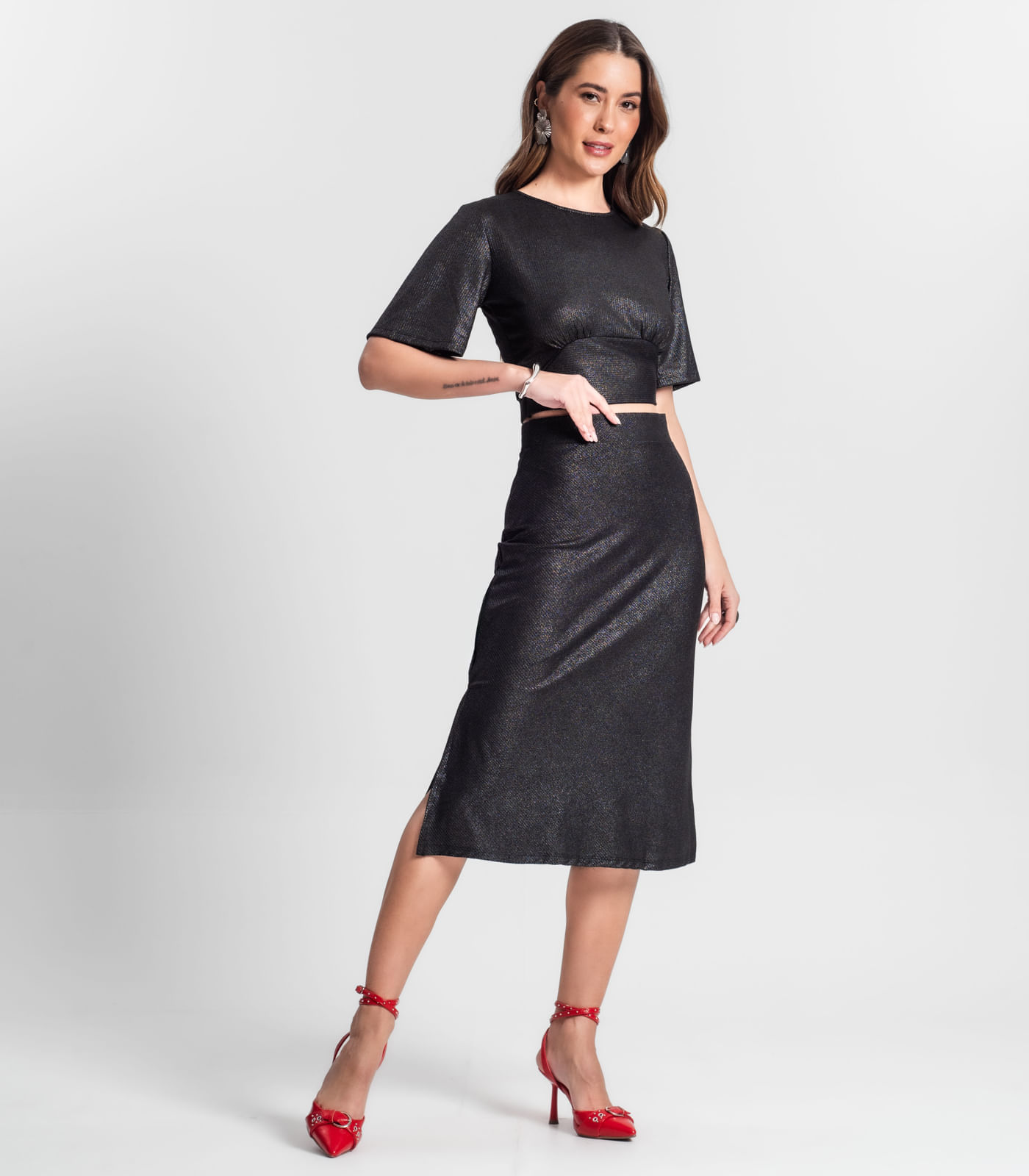 Saia Midi Com Fenda Lateral Rovitex Preto