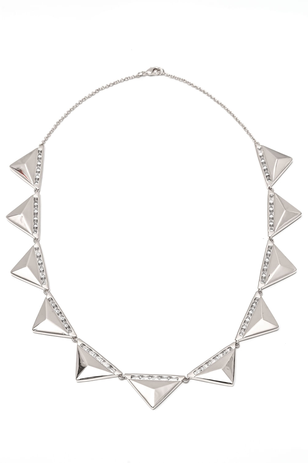 Colar Feminino Triângulos e Zircônias Banhado em Ródio Branco