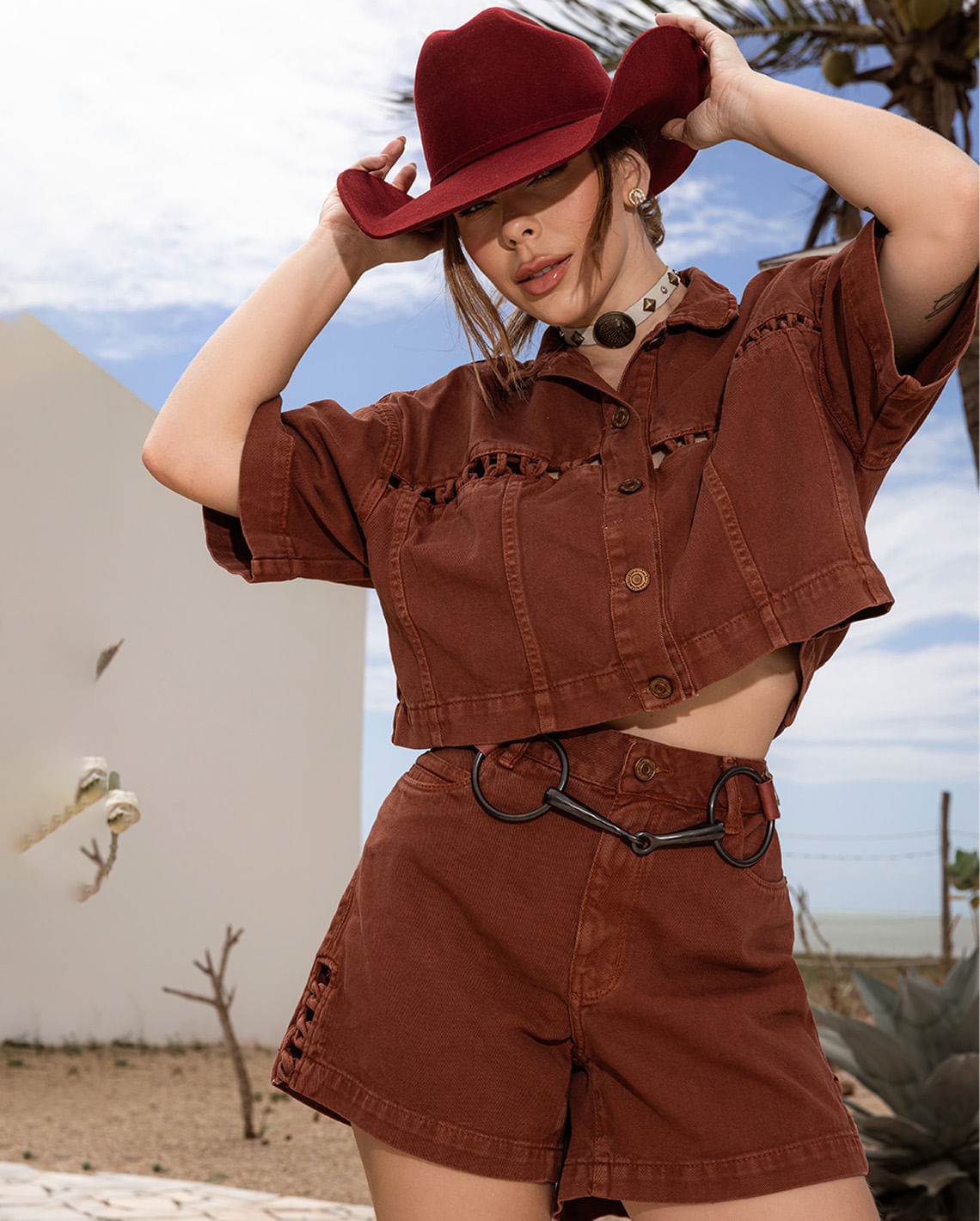 CAMISA SARJA OVER CROPPED FEMININA ENTRELAÇADA ANA CASTELA 24303