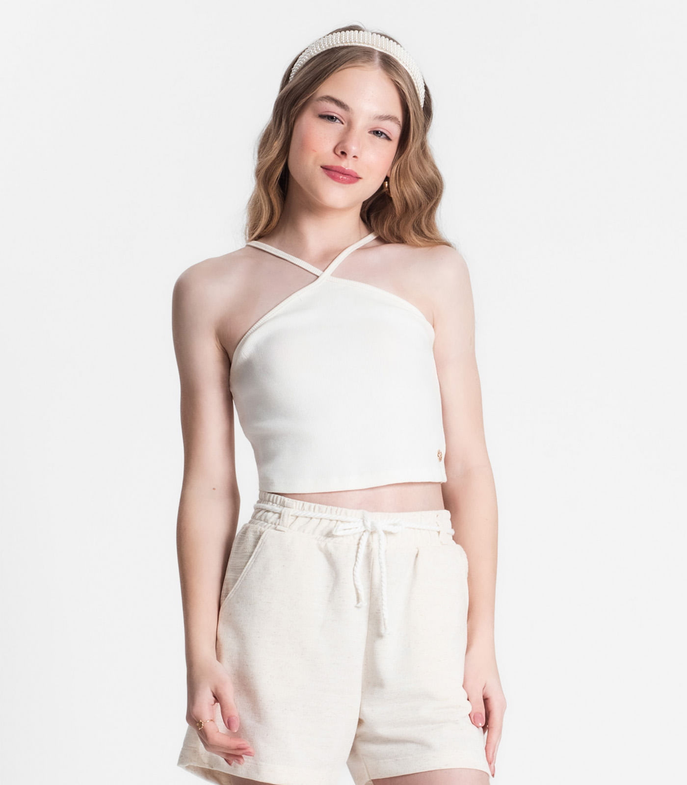 Cropped Juvenil Feminino Em Ribana Minty Bege
