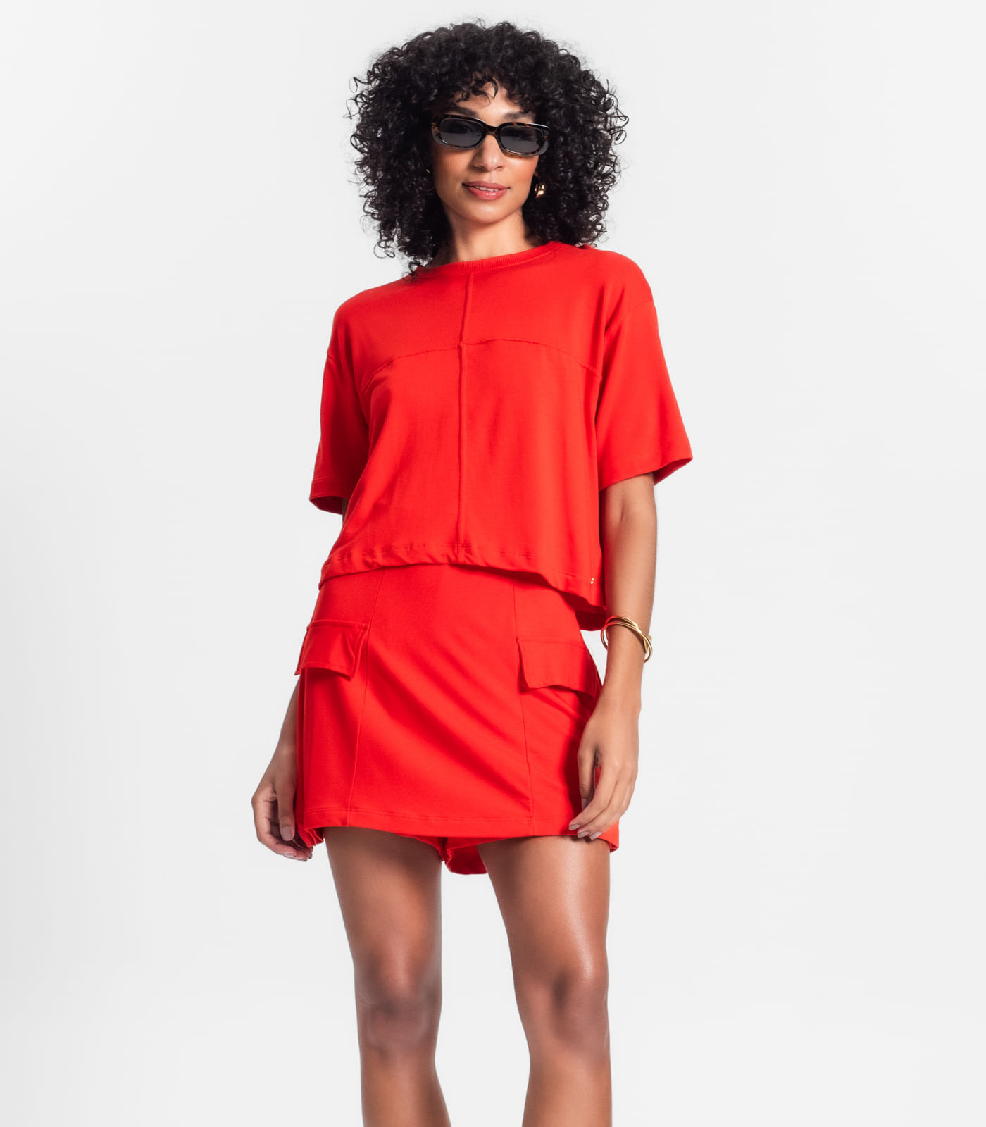 Conjunto Feminino Blusa Com Shorts Saia Rovitex Laranja