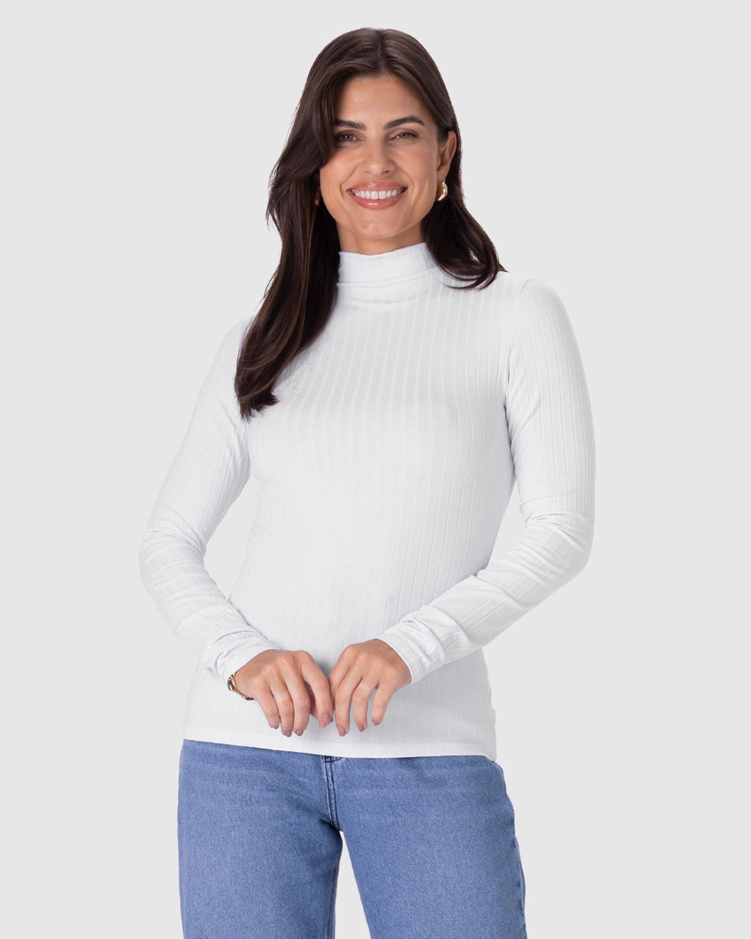 Blusa Básica Feminina Gola Alta Em Malha Canelada De Viscose