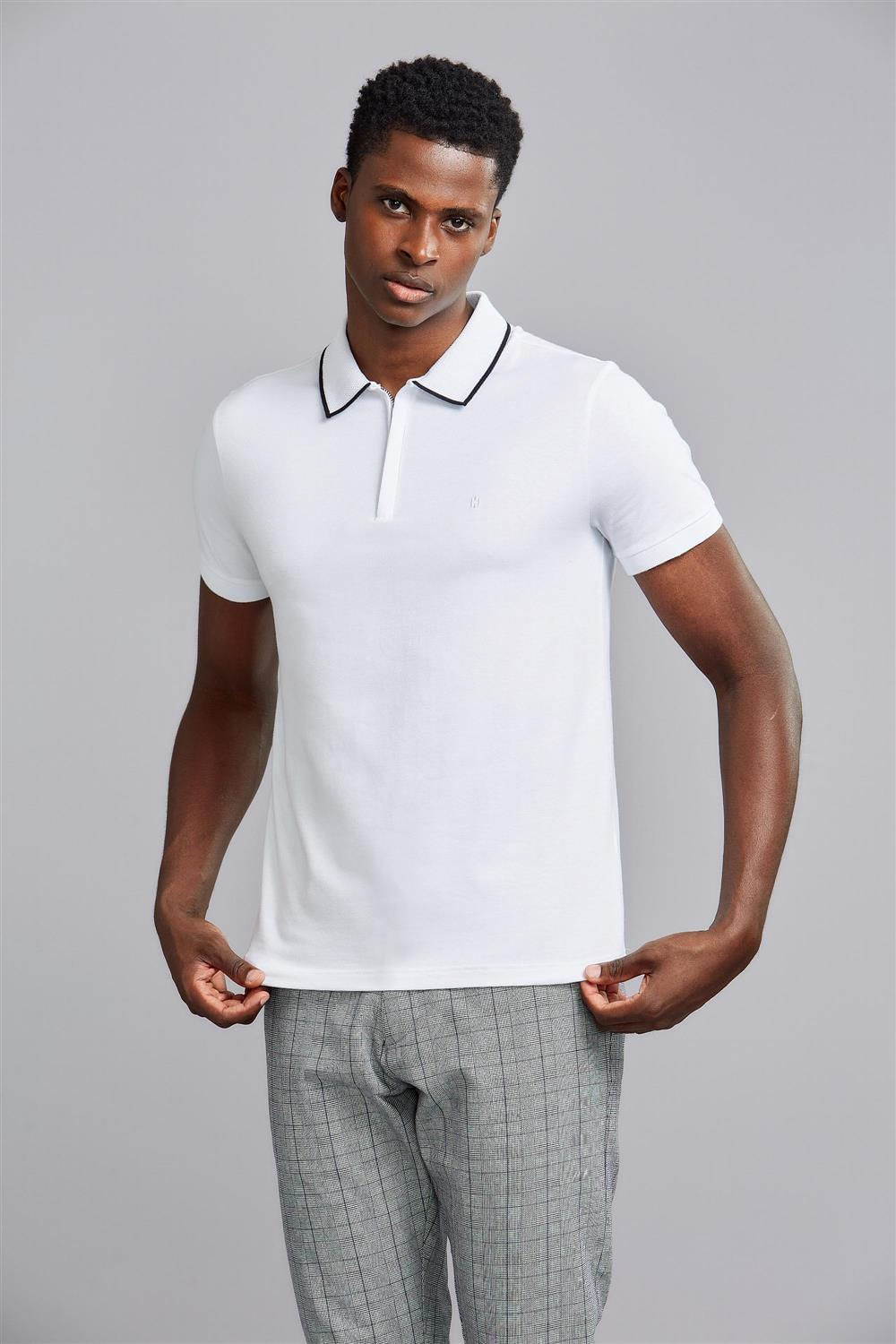 Polo Manga Curta Com Zíper Premium Malha Slim Fit - Branco
