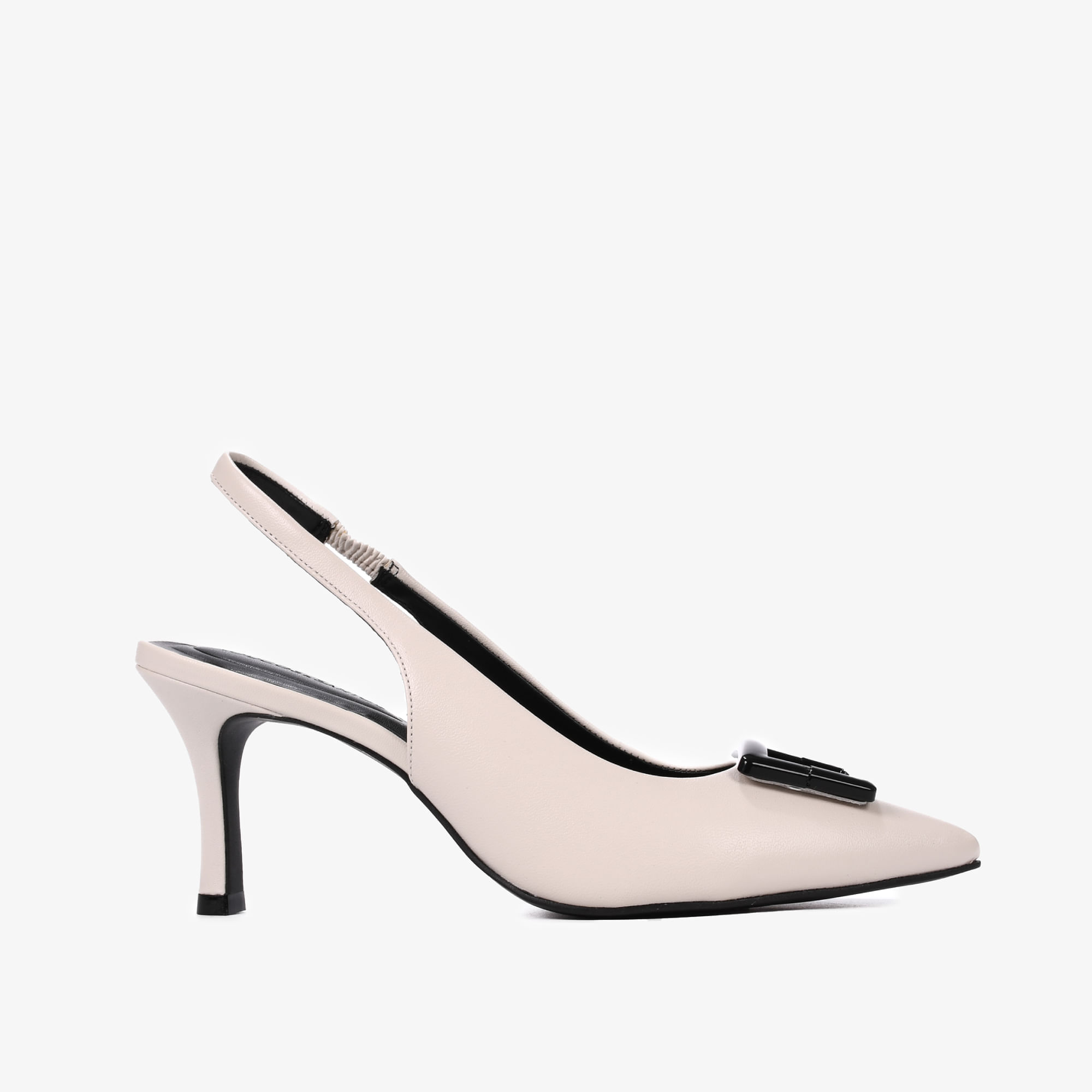 Slingback Off White Tira Salto Médio Couro