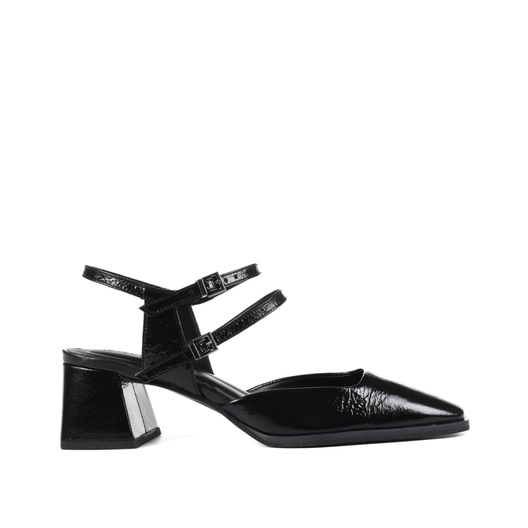Slingback Preto Salto Bloco Couro Brilhoso