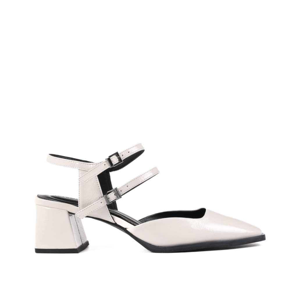 Slingback Preto Branco Salto Bloco Couro Brilhoso