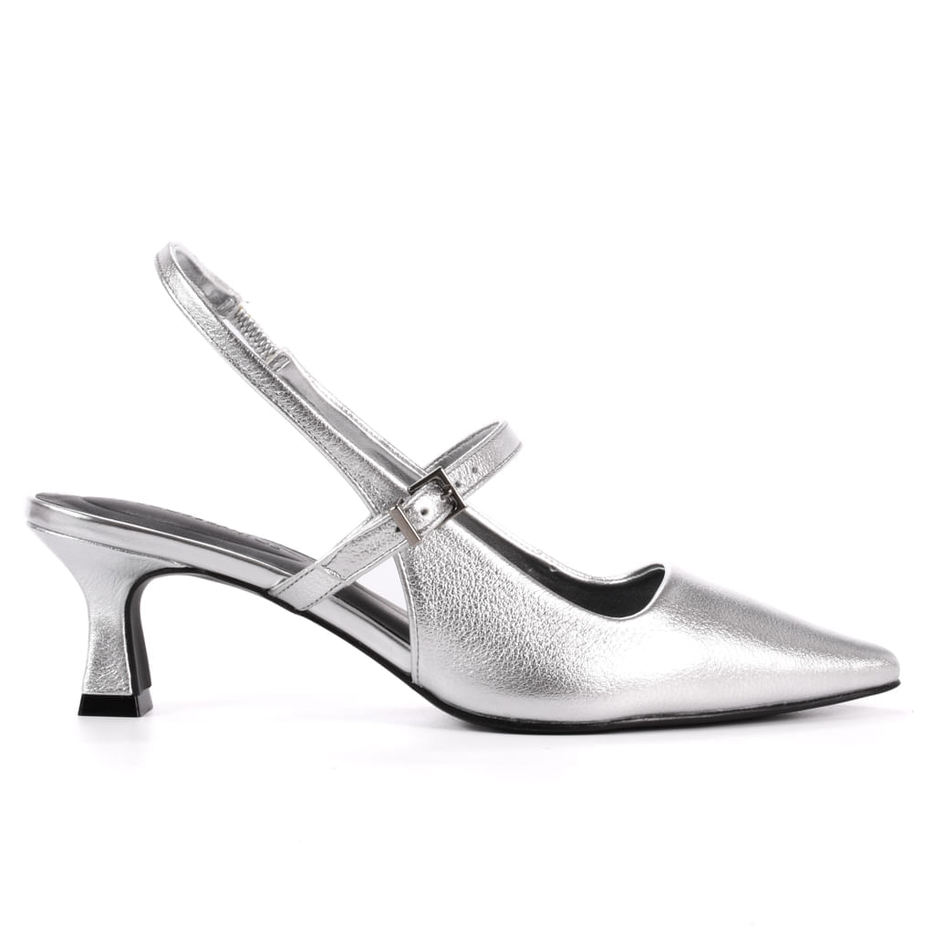 Slingback Metalizado Prata Tira Salto Médio Couro