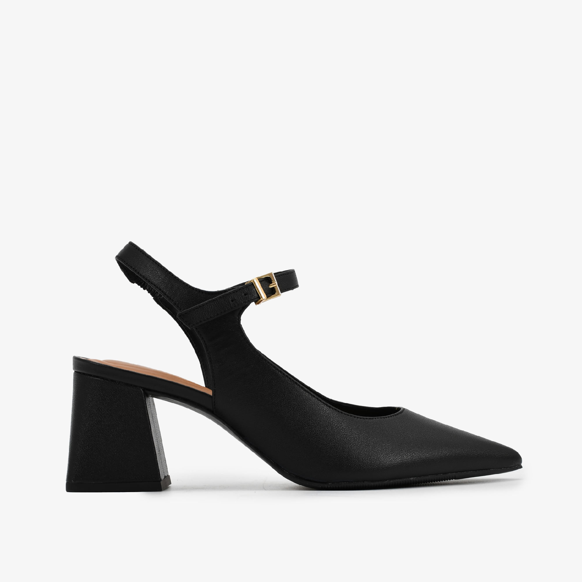 Slingback Preto Salto Fino Médio Bloco Couro