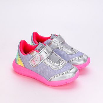 Tênis Infantil Feminino Flex Com Led Prata Pink Neon 22 / Prata