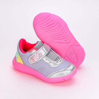 Tênis Infantil Feminino Flex Com Led Prata Pink Neon 22 / Prata