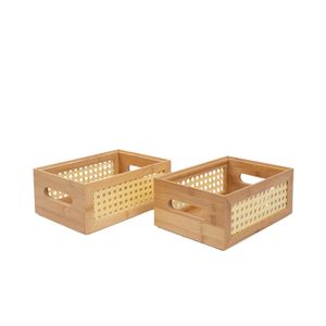 Kit 2 Caixas Organizadoras Empilháveis 22Cm Bambu E Palhinha Bege