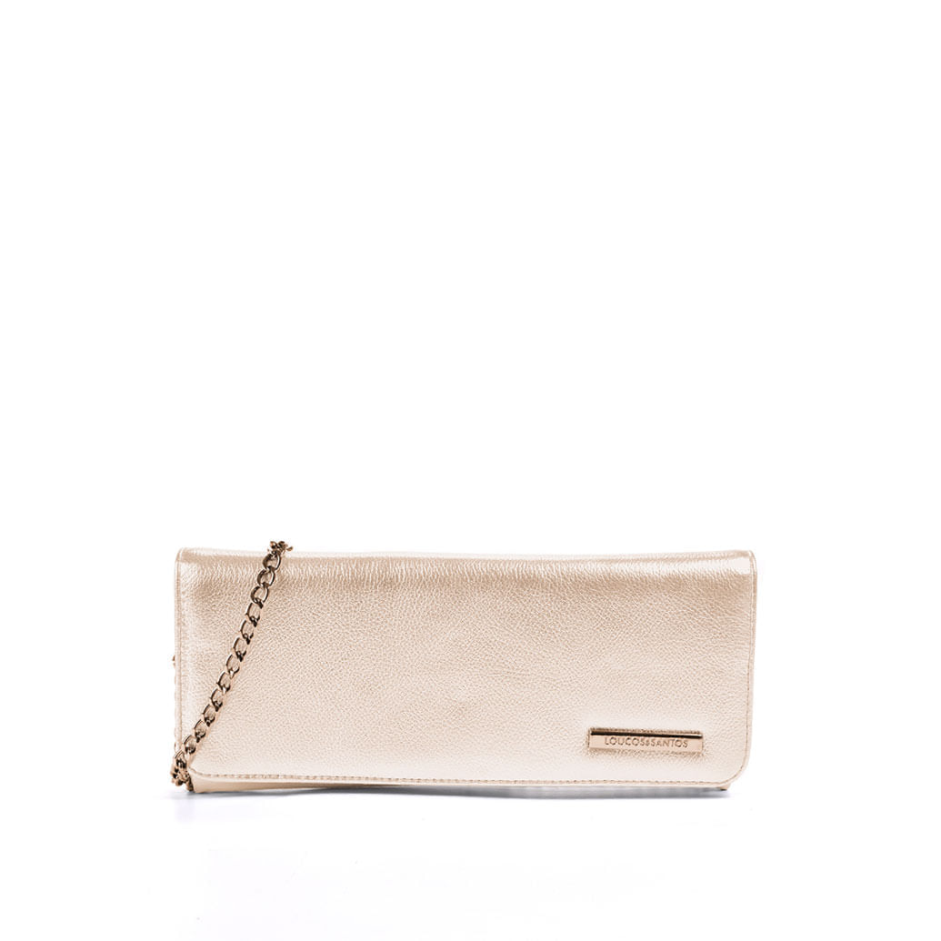 Clutch Metalizado Dourado Alça Metal Couro