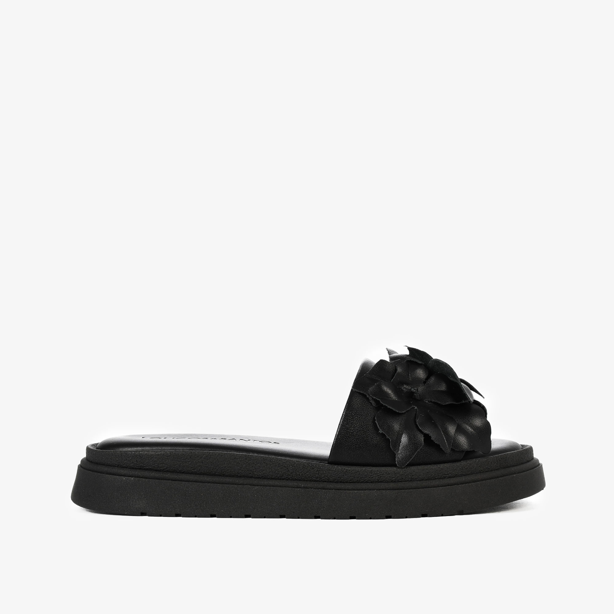 Slide Preto Flores Couro