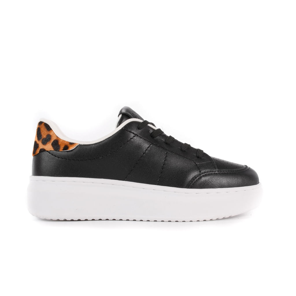 Tênis Flatform Preto Animal Print Couro