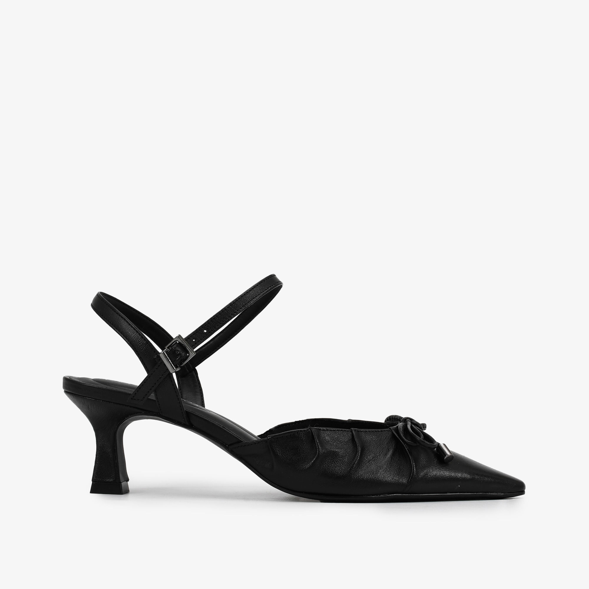 Slingback Preto Laço Salto Baixo Couro