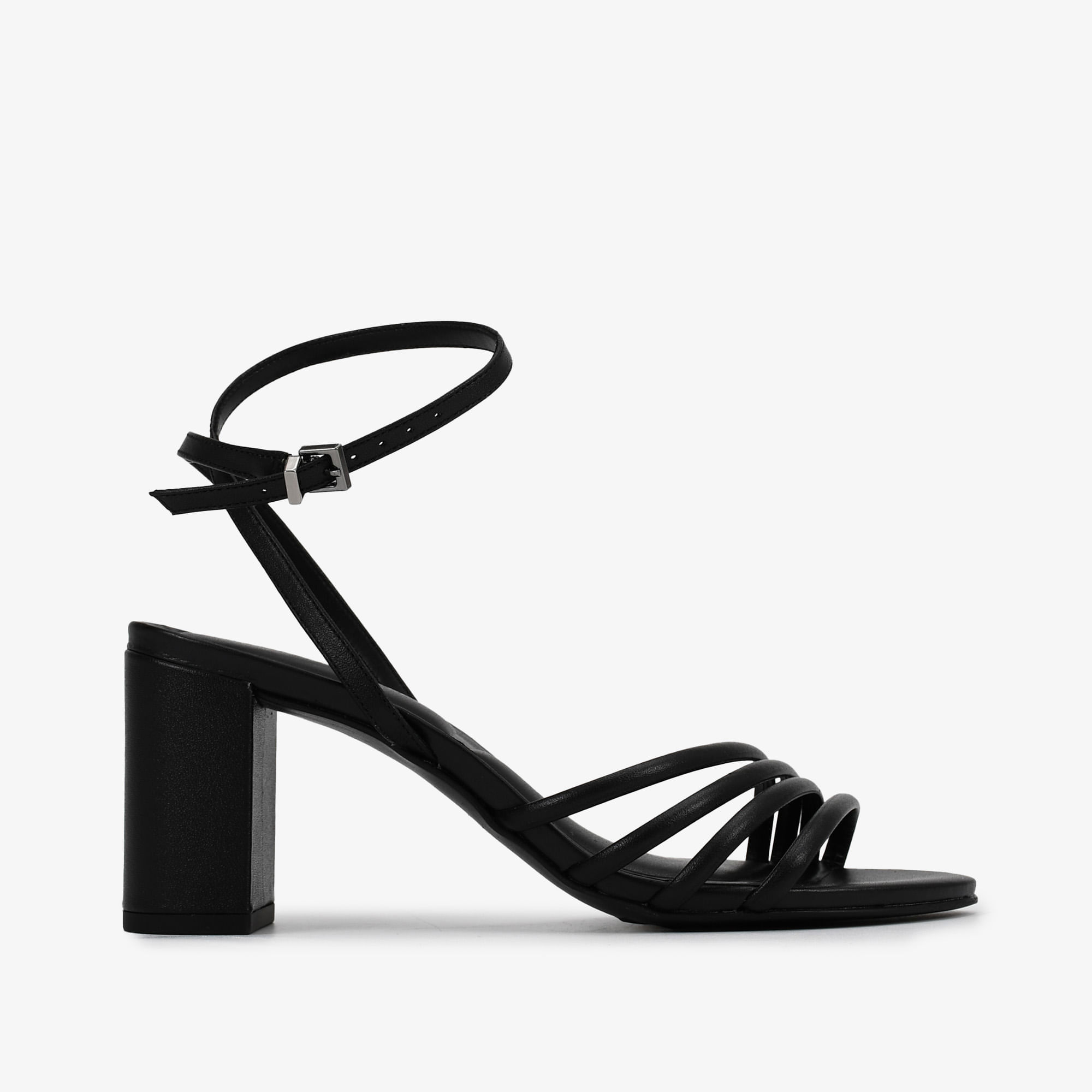 Sandália Preto Tiras Salto Bloco Médio Couro