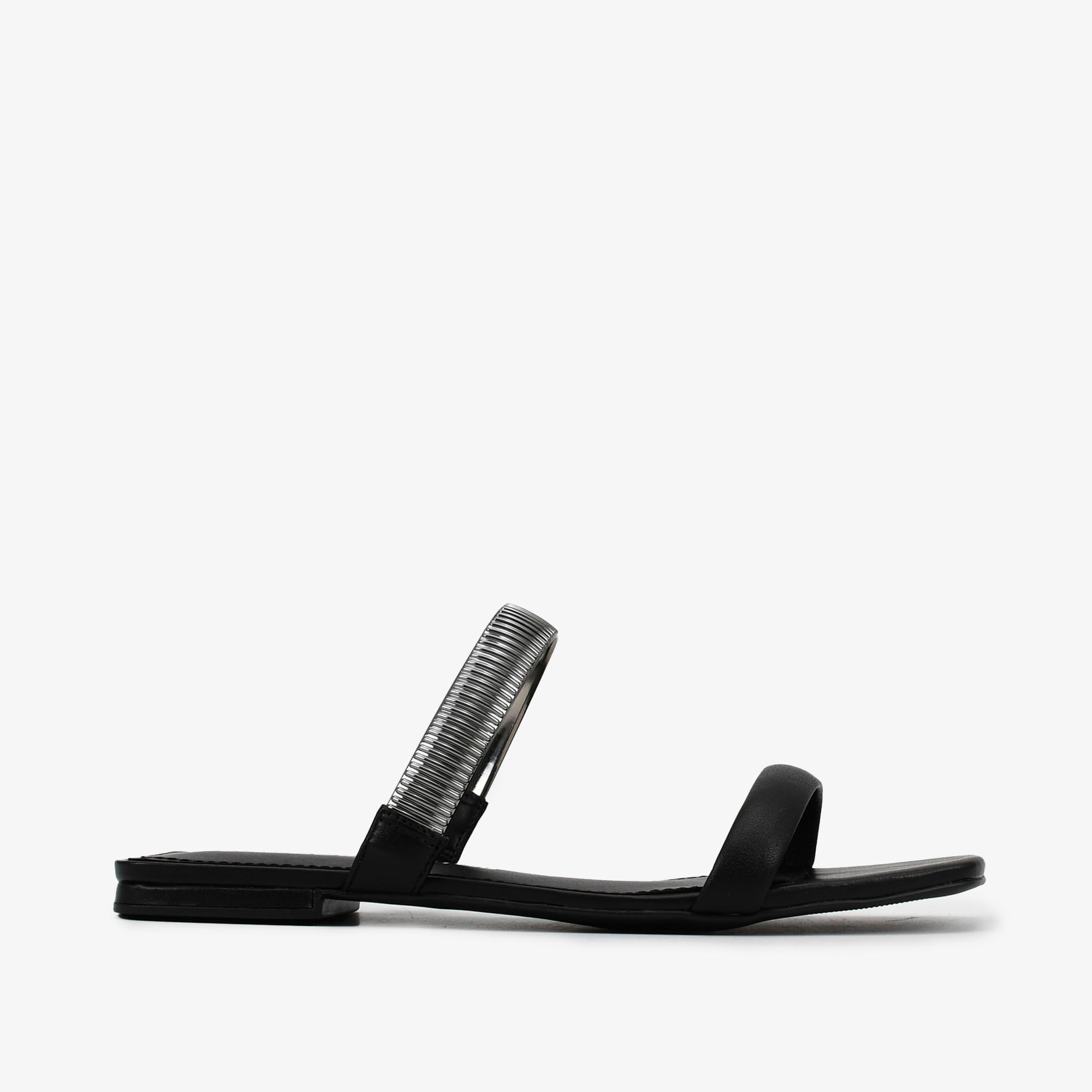Slide Preto Tiras Couro