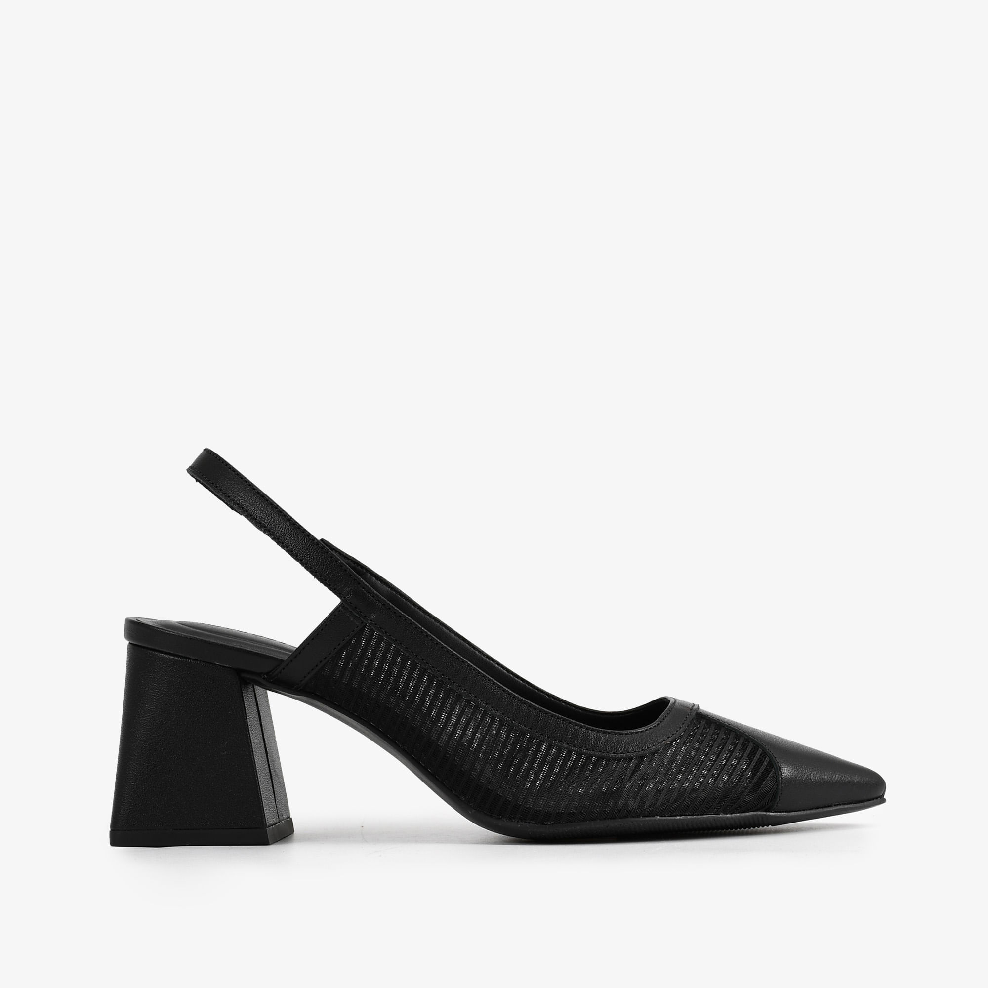 Slingback Preto Tecido Mesh Couro