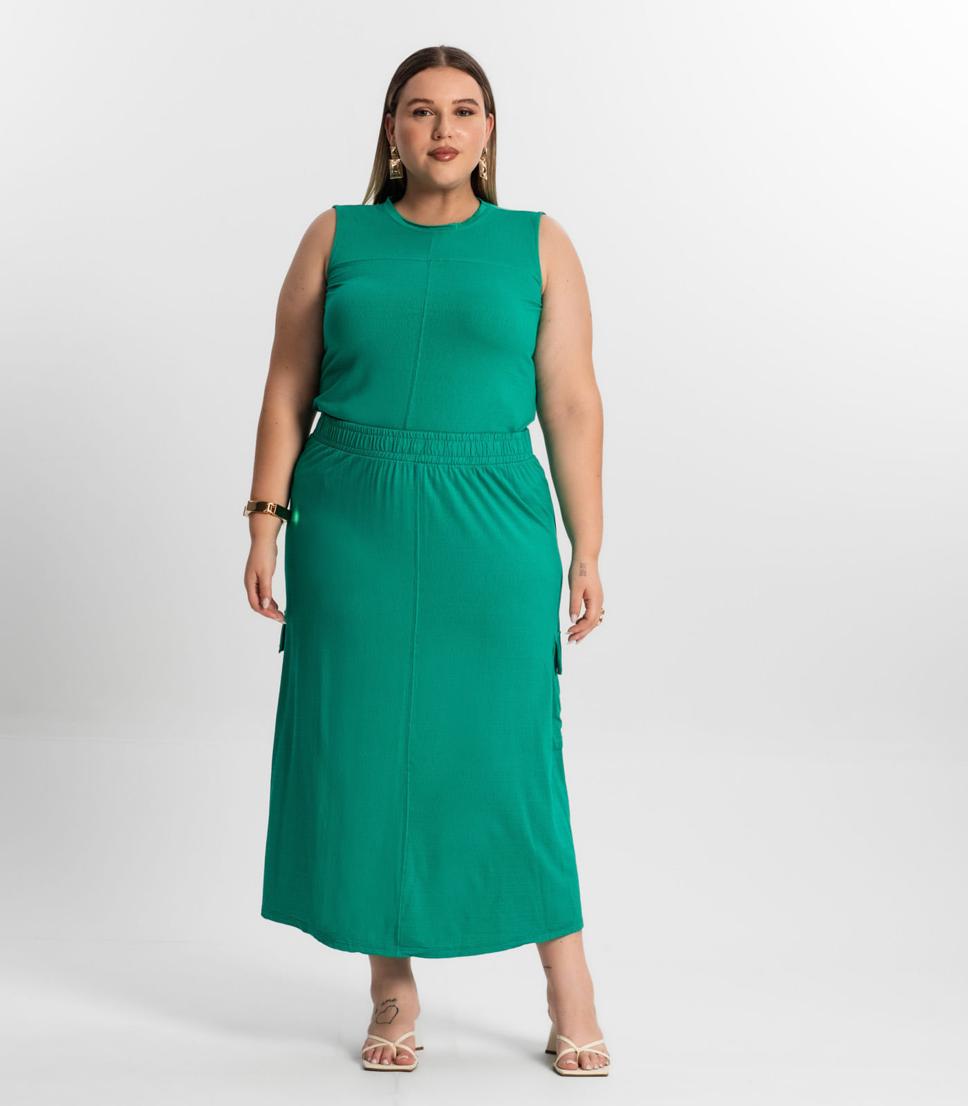 Conjunto Plus Size Regata Com Saia Secret Glam Verde