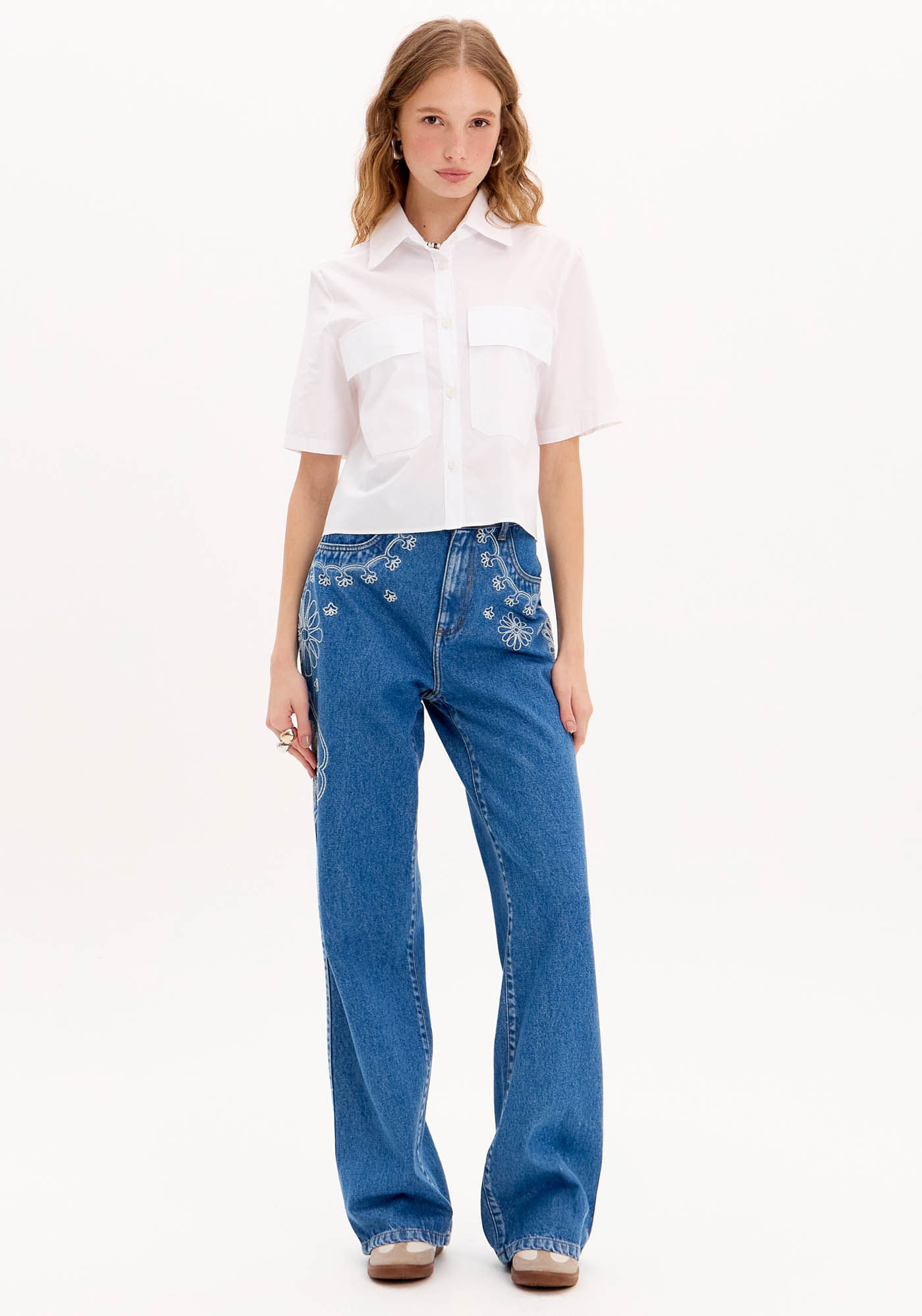 Calça Jeans Wide Leg Bordada