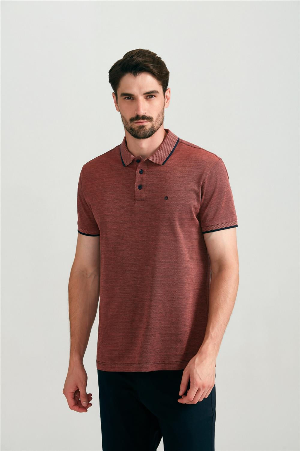 Polo Manga Curta Pima Slim Fit - Azul Marinho / Rosa Salmão
