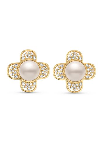 Brinco Semijoia Flor com Pérola e Micro Zircônias U / Dourado