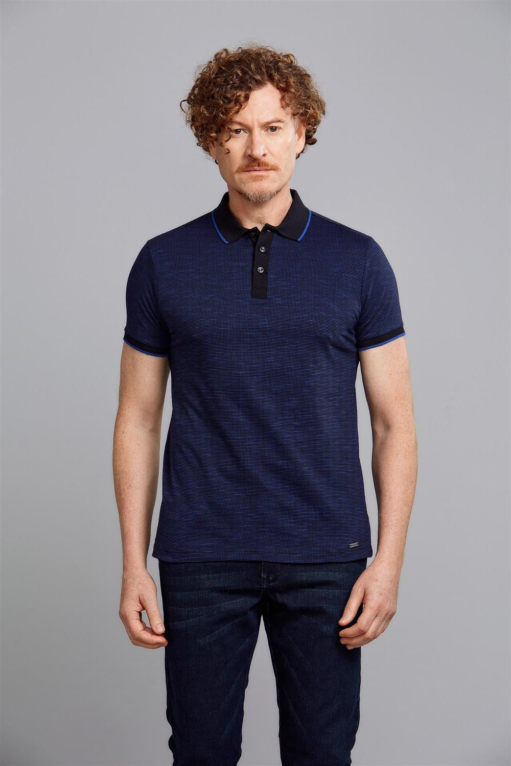 Polo Manga Curta Premium Jacquart Slim Fit - Preto / Azul Royal