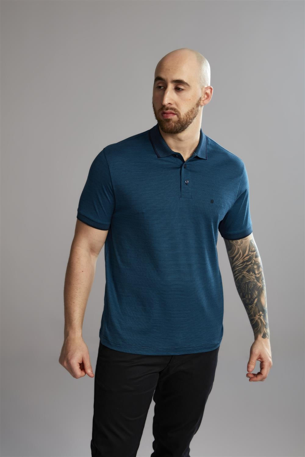Polo Manga Curta Comfort Pima - Azul Marinho / Azul Mediterraneo