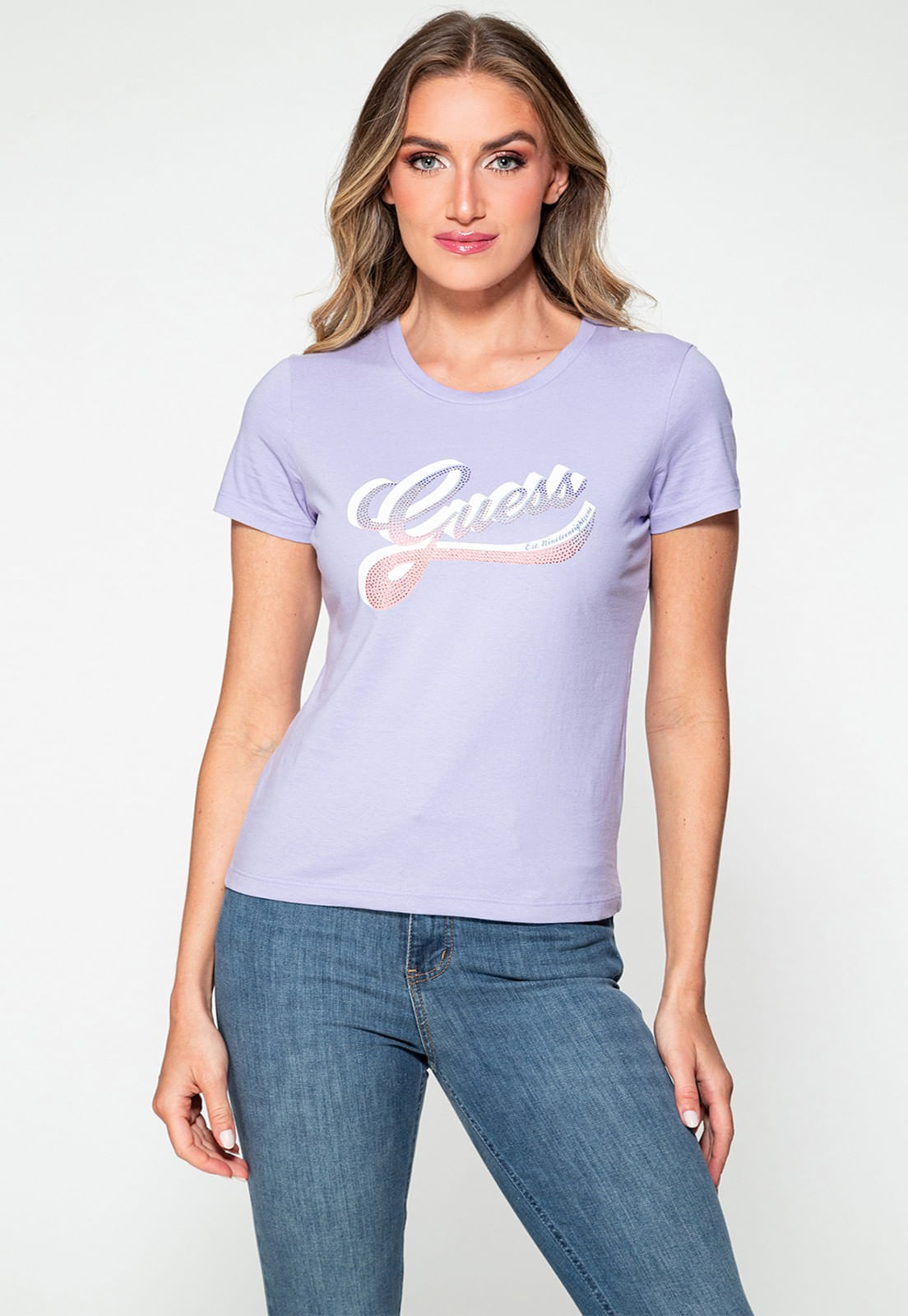 Camiseta Logo Guess Brilhos Lilás
