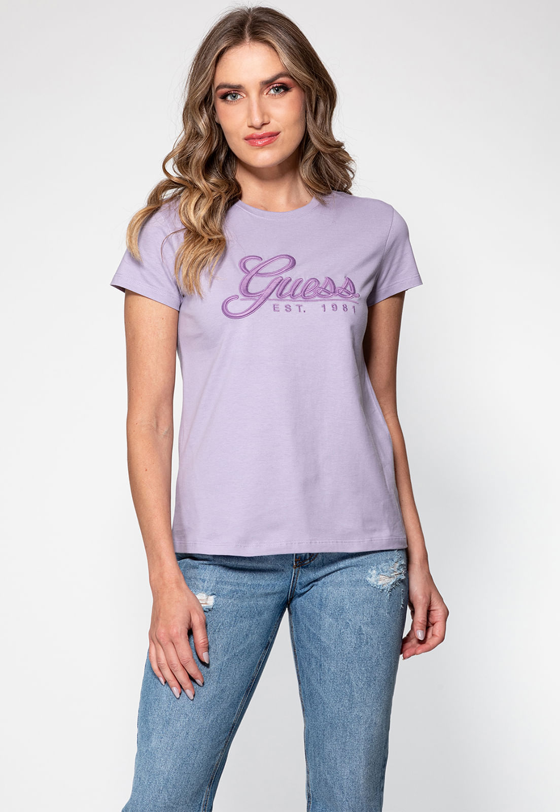 Camiseta Bordado Cursivo Guess Lilás