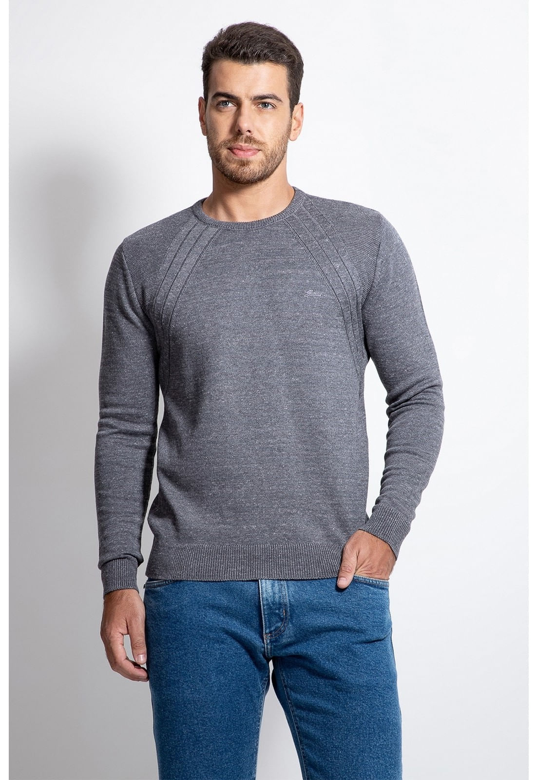 Pullover Tricot Ombro Guess Cinza