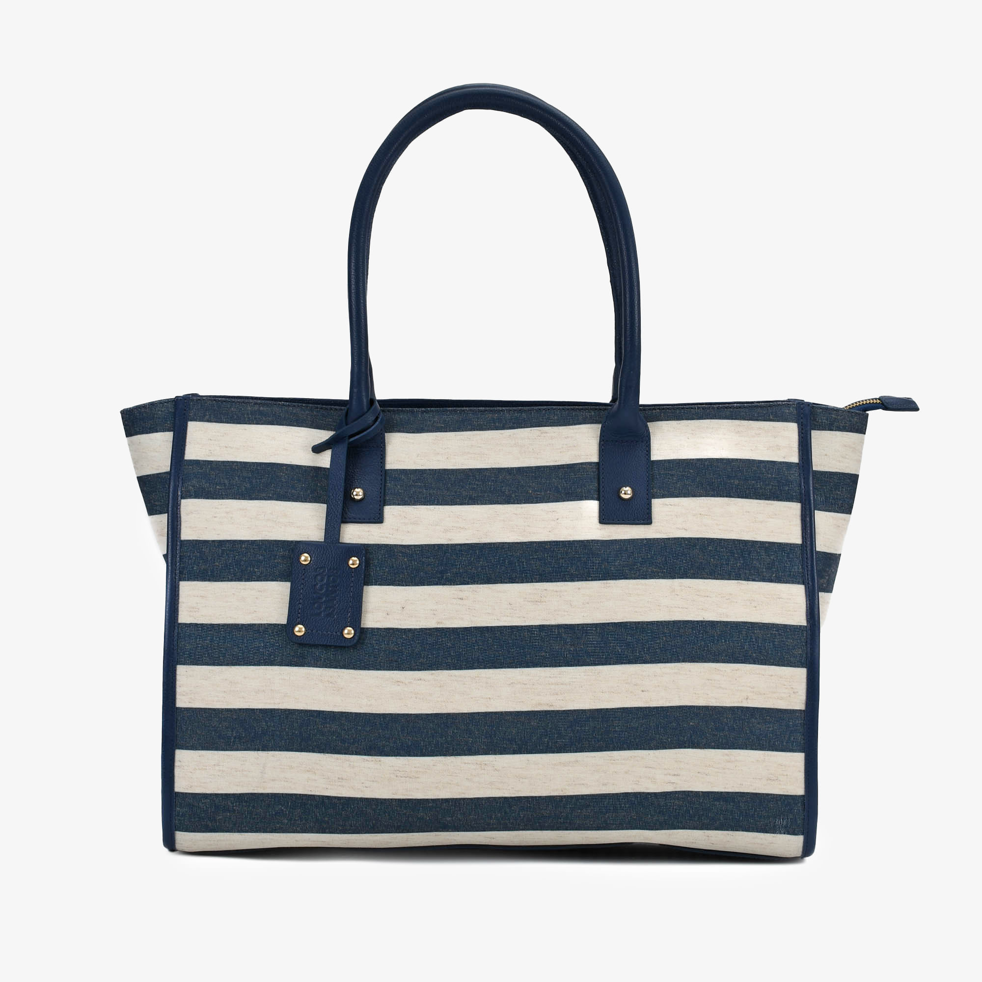 Bolsa Shopping Azul Off White Listrado Tecido