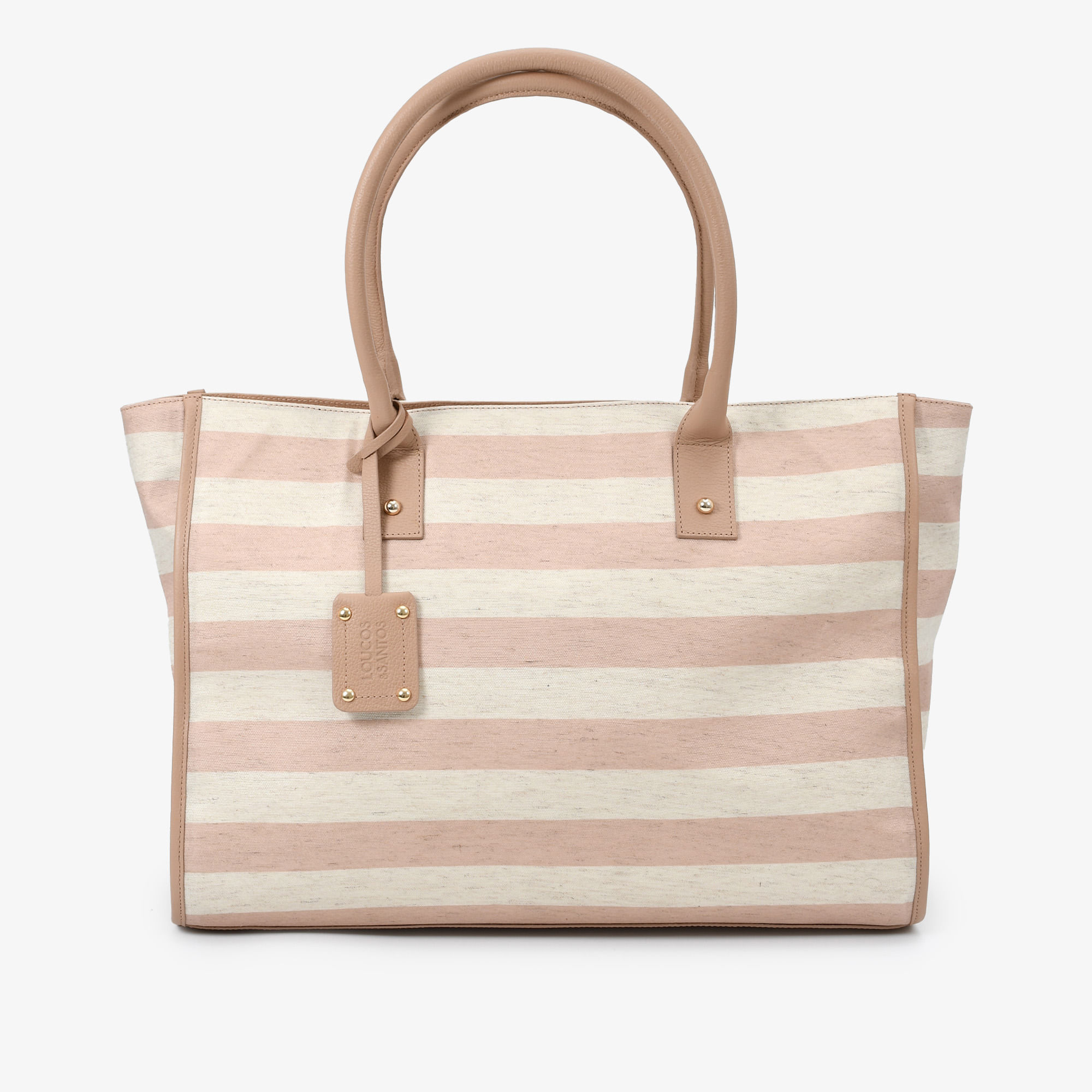 Bolsa Shopping Nude Off White Listrado Tecido