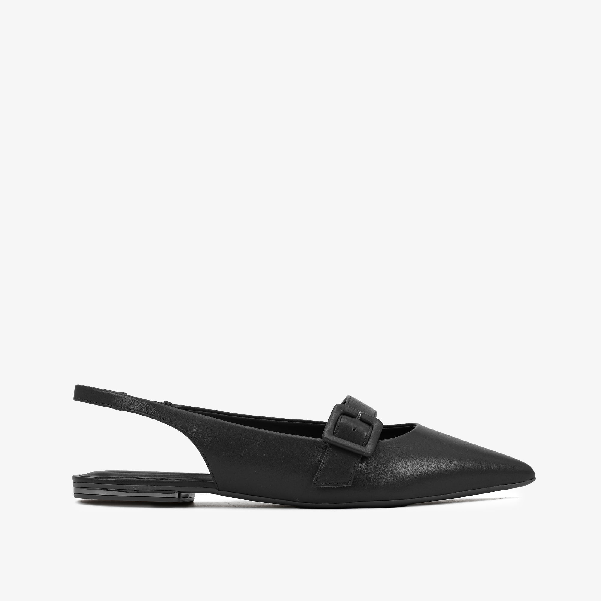 Slingback Preto Salto Baixo Couro